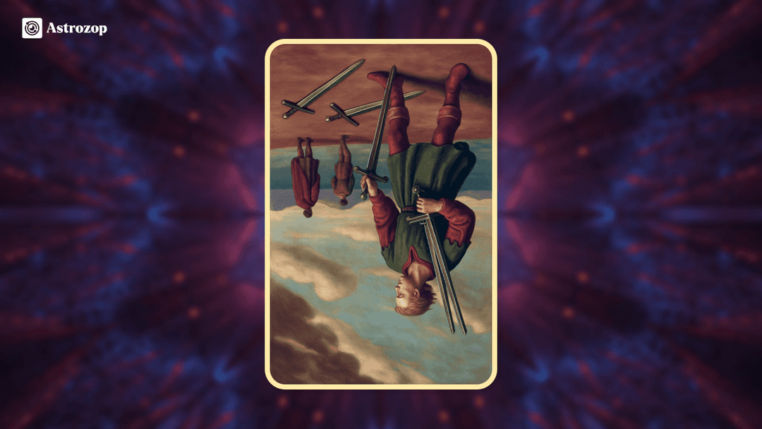 Reversed Five of Swords tarot card showing a figure lowering swords as others walk away