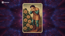Seven of Pentacles tarot card showing a person pausing to observe their growing pentacles